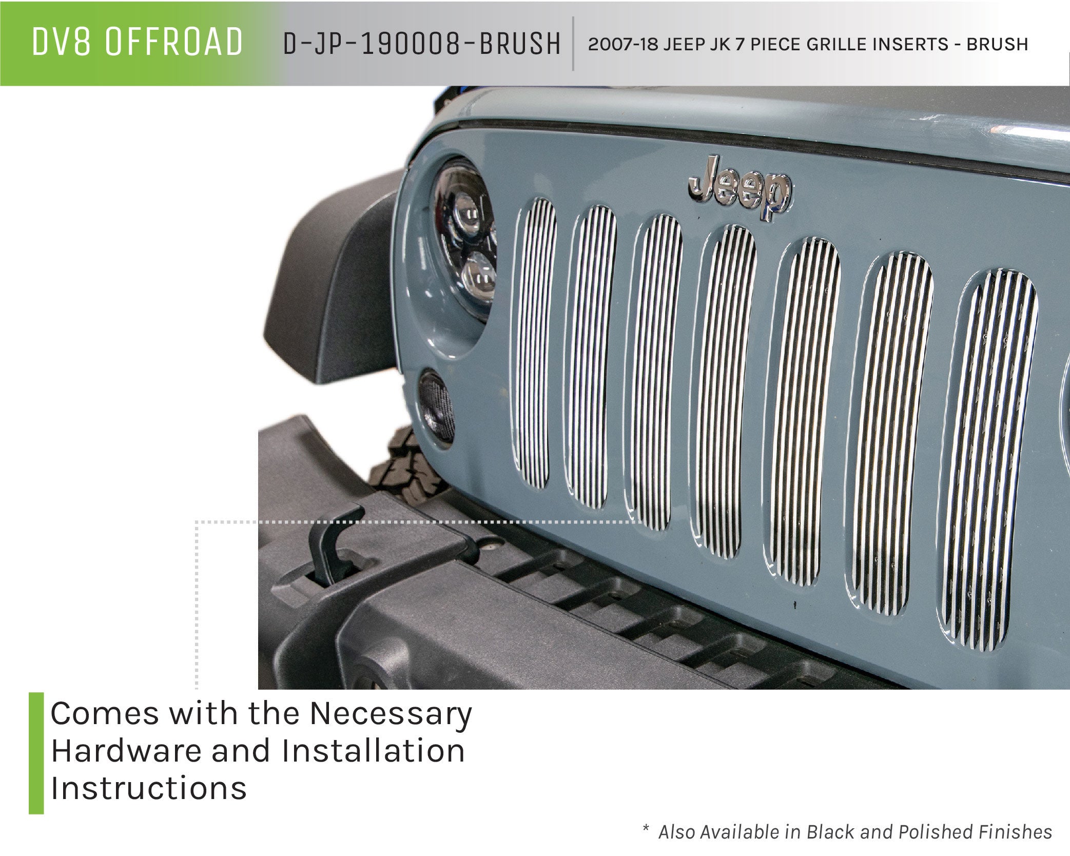 07-18 Jeep JK Grille Inserts; 7-Pieces; Brushed - Apollo Off-Road