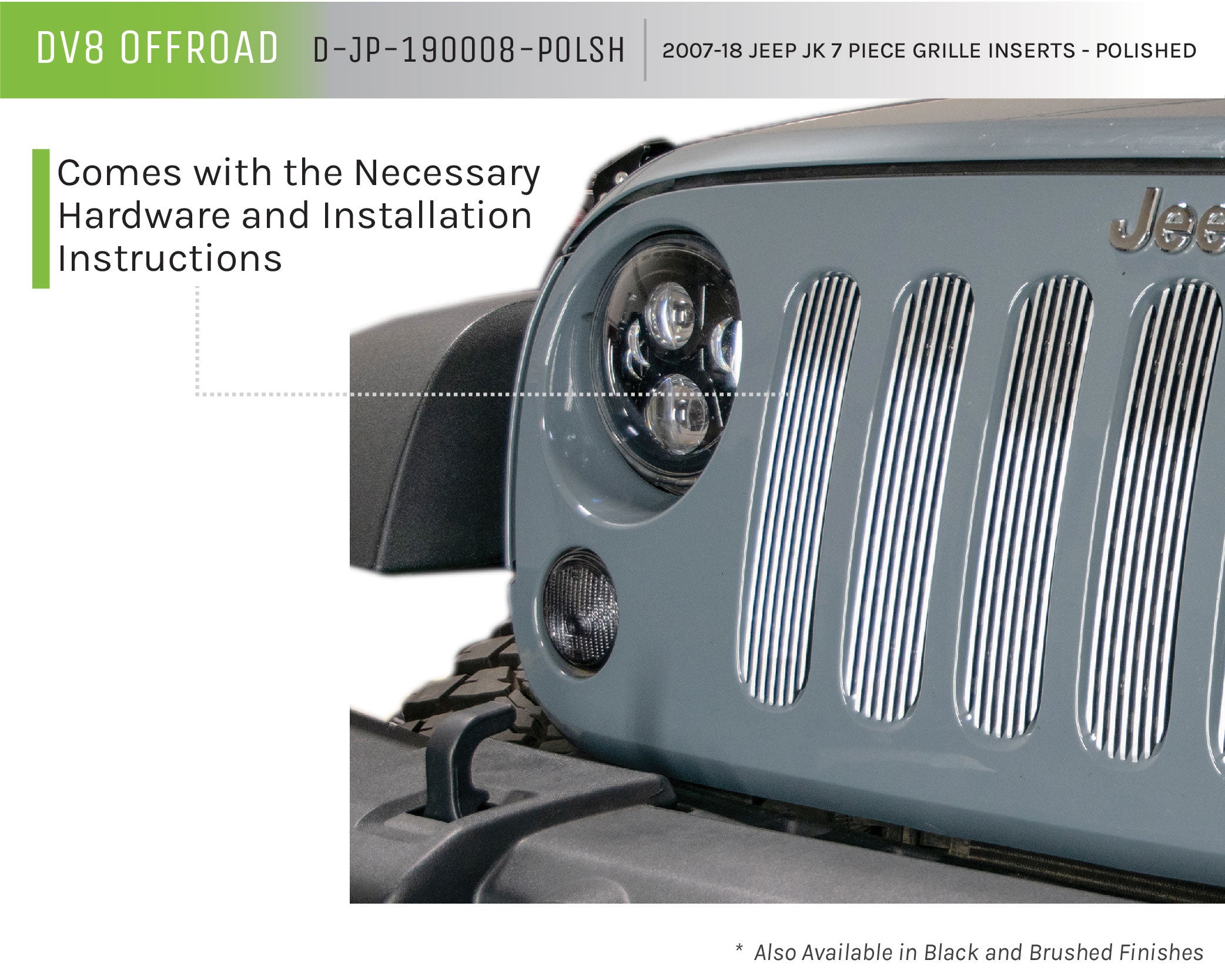 07-18 Jeep JK Grille Inserts; 7-Pieces; Polished - Apollo Off-Road