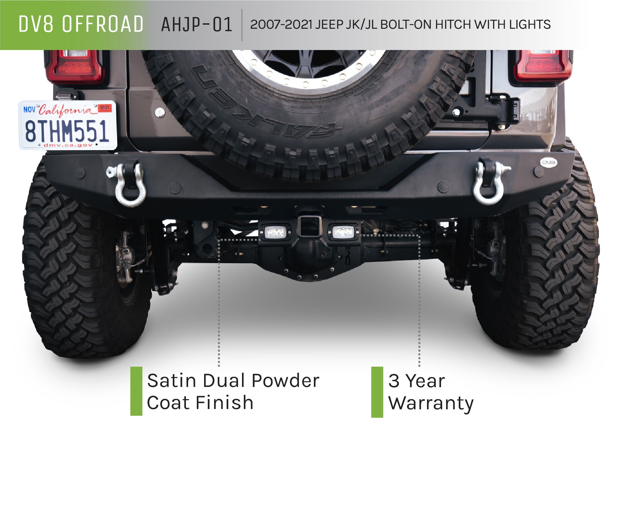 07-22 Jeep Wrangler JK/JL Bolt On Hitch With Cube Lights - Apollo Off-Road