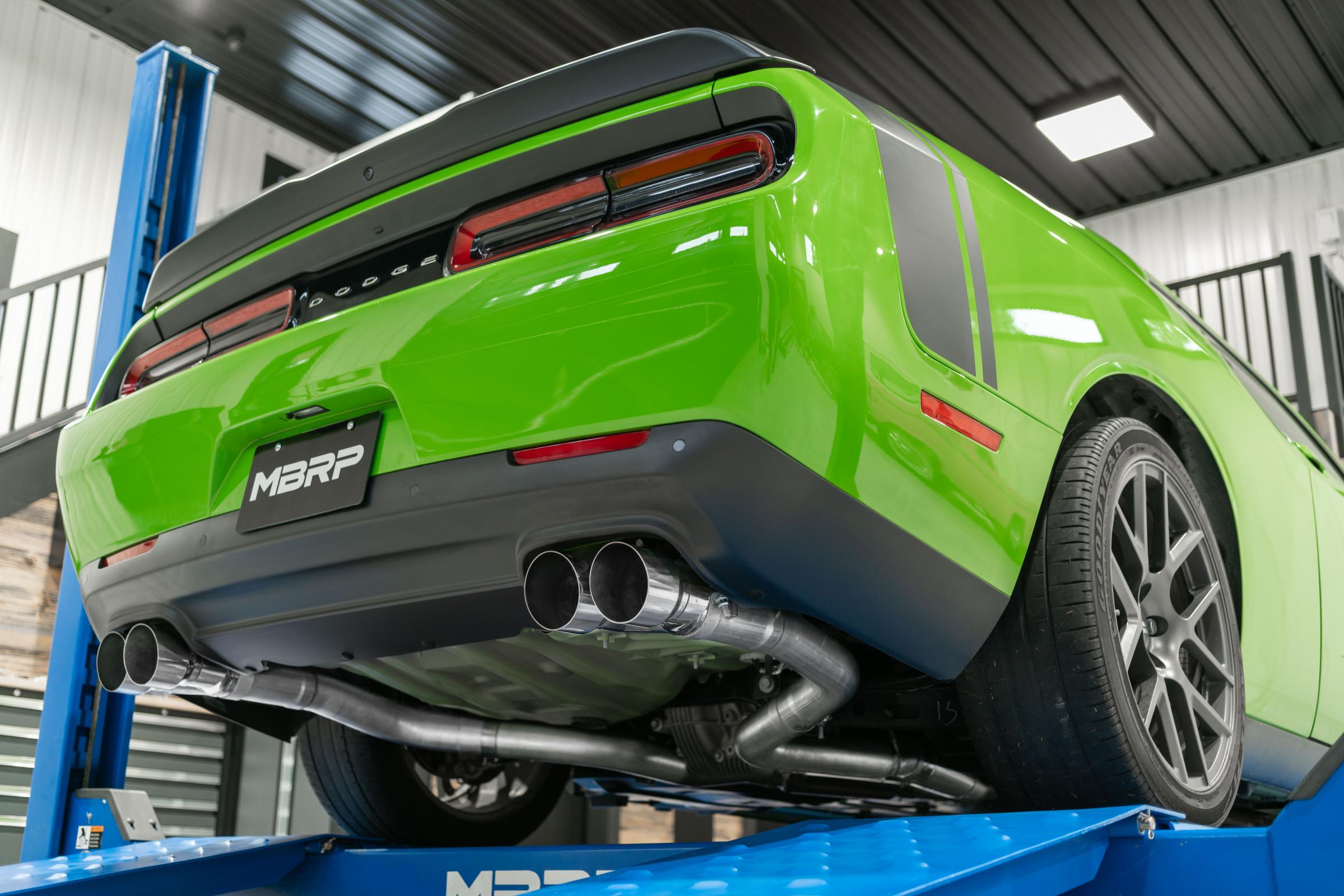 15-23 Dodge Challenger T304 Stainless Steel 3 Inch Dual Cat Back Quad Tips with Carbon Fiber Tips (Street Version) Exhaust System - Apollo Off-Road