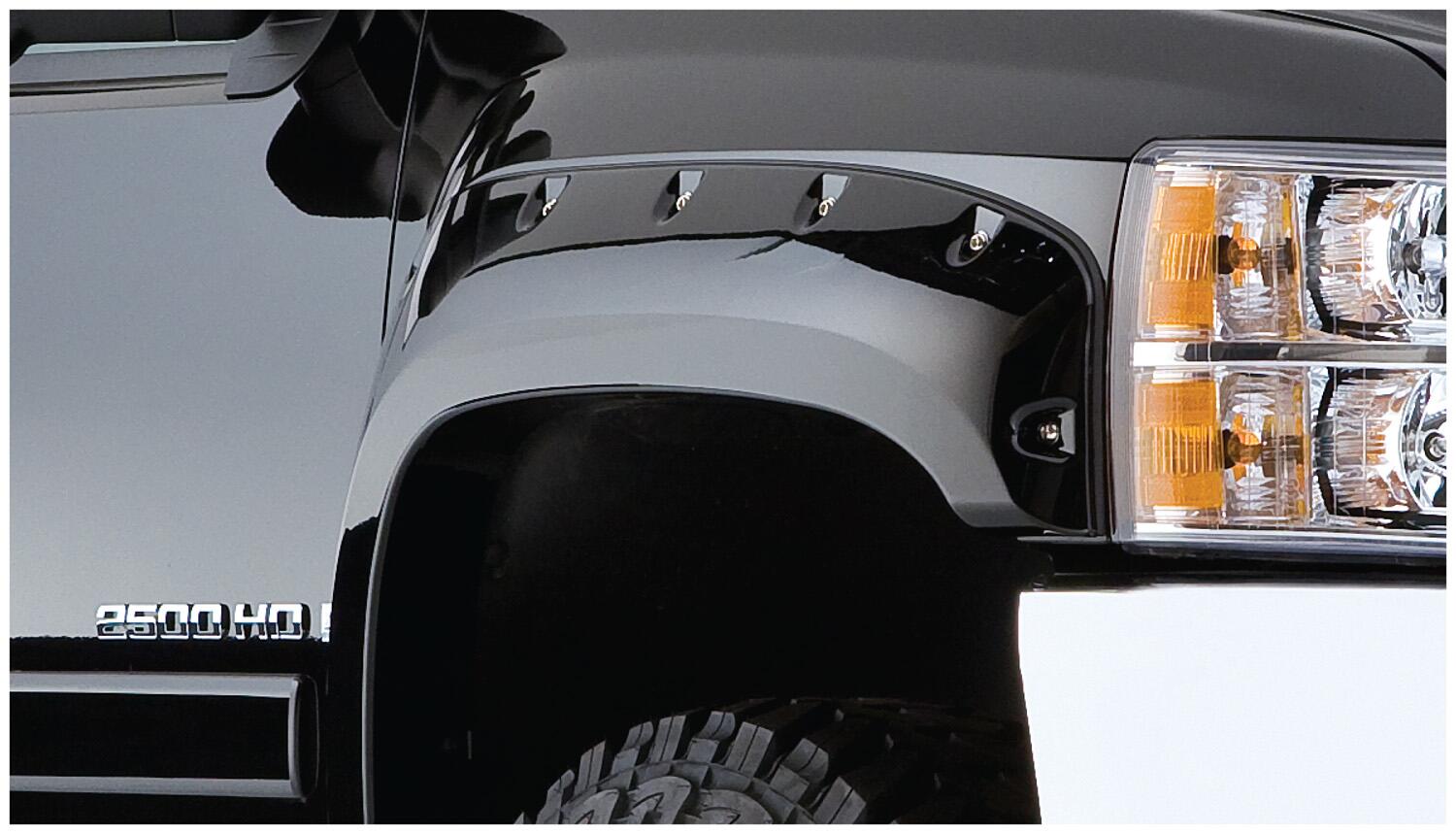 Black Cutout Style Smooth Finish Front Fender Flares For 1999-2010 Ford F250 Super Duty Styleside W/98 Inch Bed 1999-2007 F350 To F-550 Super Duty Bushwacker