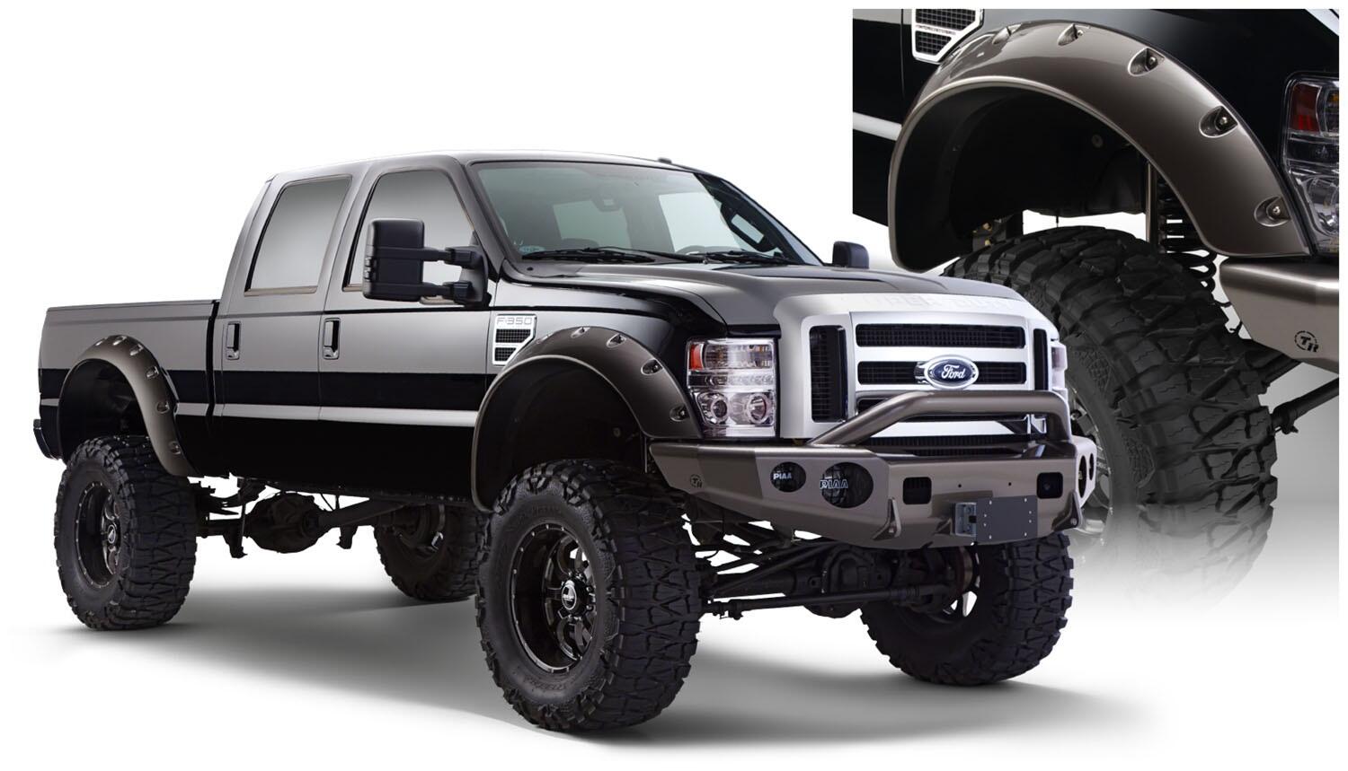 Black Cutout Style Smooth Finish Front Fender Flares For 1999-2010 Ford F250 Styleside Super Duty 2008-2010 F350 To F-550 Super Duty Bushwacker