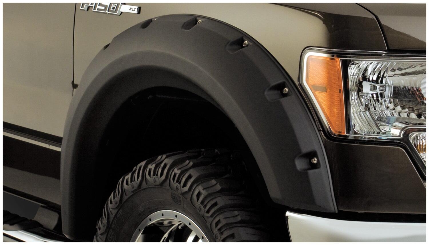 Black Max Coverage Pocket/Rivet Style Smooth Finish Front Fender Flares For 2009-2014 Ford F150 (Excludes Raptor) Bushwacker