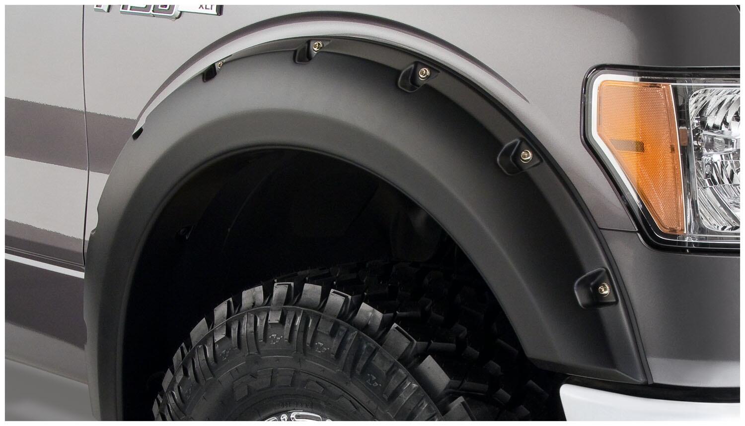 Black Pocket/Rivet Style Smooth Finish Front Fender Flares For 2009-2014 Ford F150 (Excludes Raptor) Bushwacker