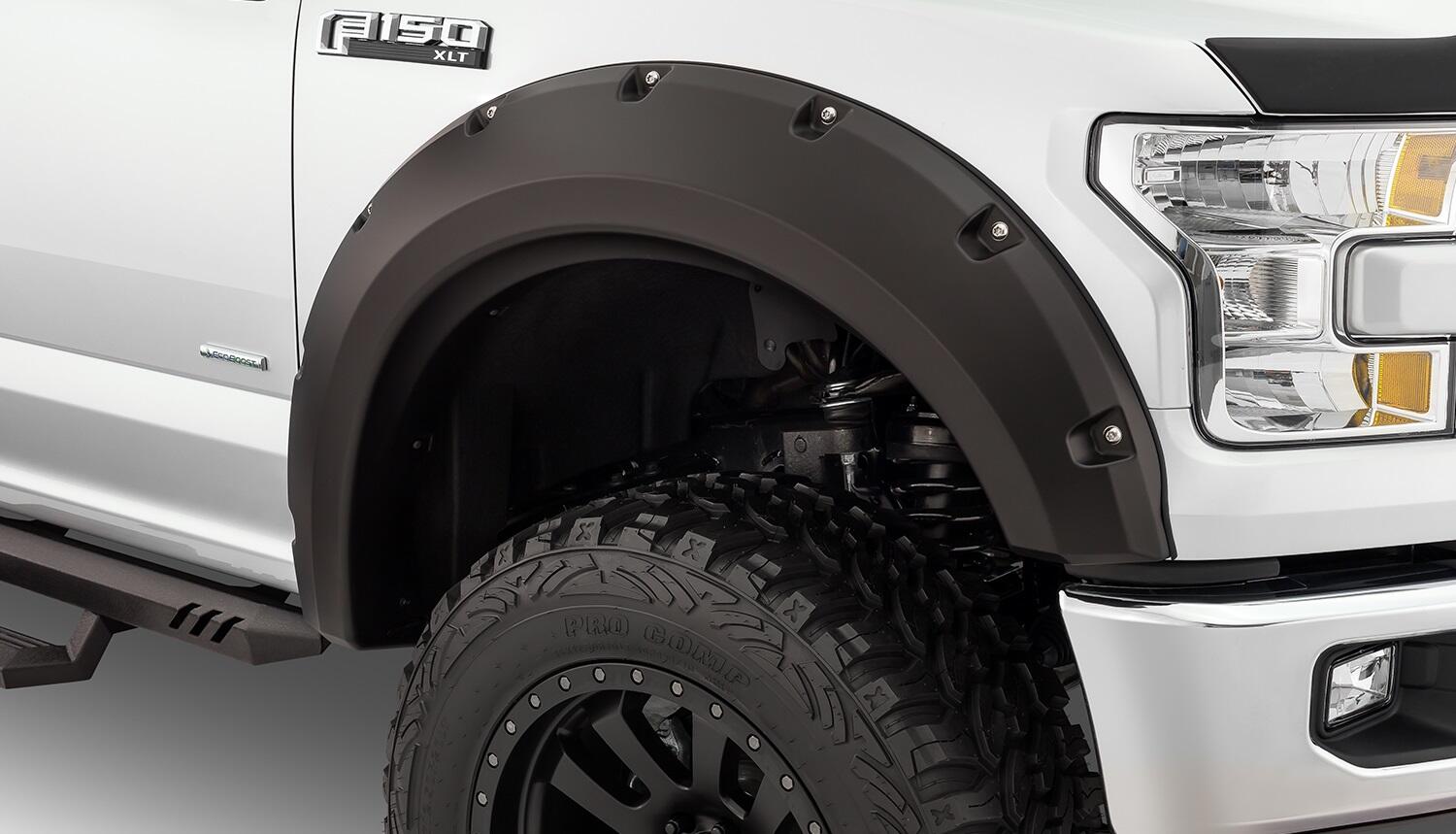 Black Max Coverage Pocket/Rivet Style Smooth Finish Front Fender Flares For 2015-2017 Ford F150 (Excludes Models With Tech Package) Bushwacker