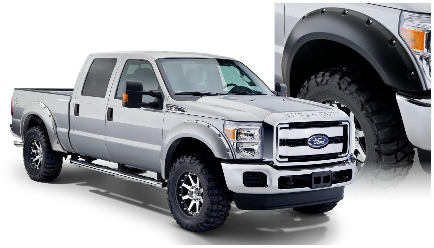 Black Pocket/Rivet Style Smooth Finish 4-Piece Fender Flare Set For 2008-2010 Ford F250/F350 Super Duty Bushwacker