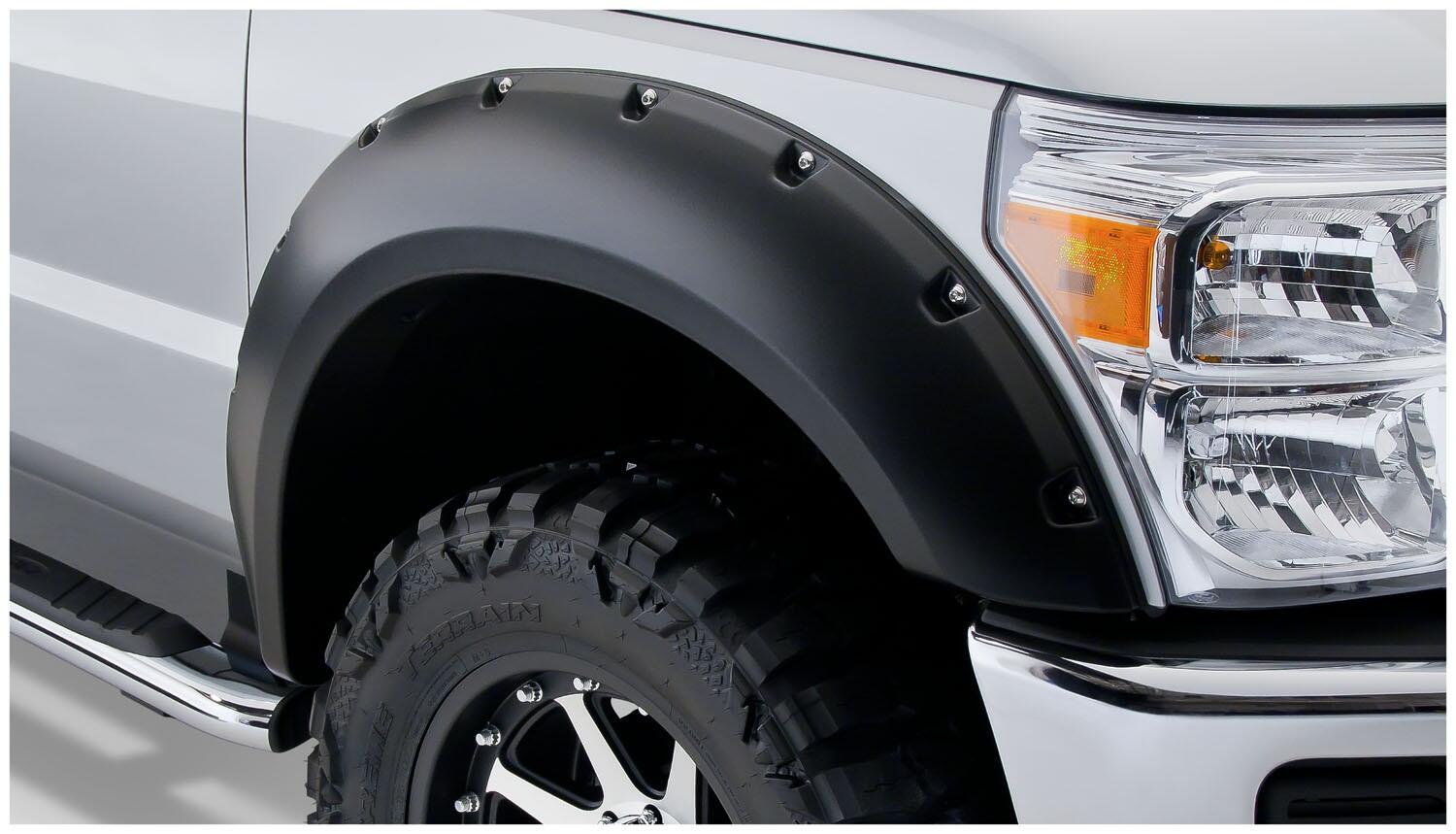 Black Pocket/Rivet Style Smooth Finish 4-Piece Fender Flare Set For 2008-2010 Ford F250/F350 Super Duty Bushwacker