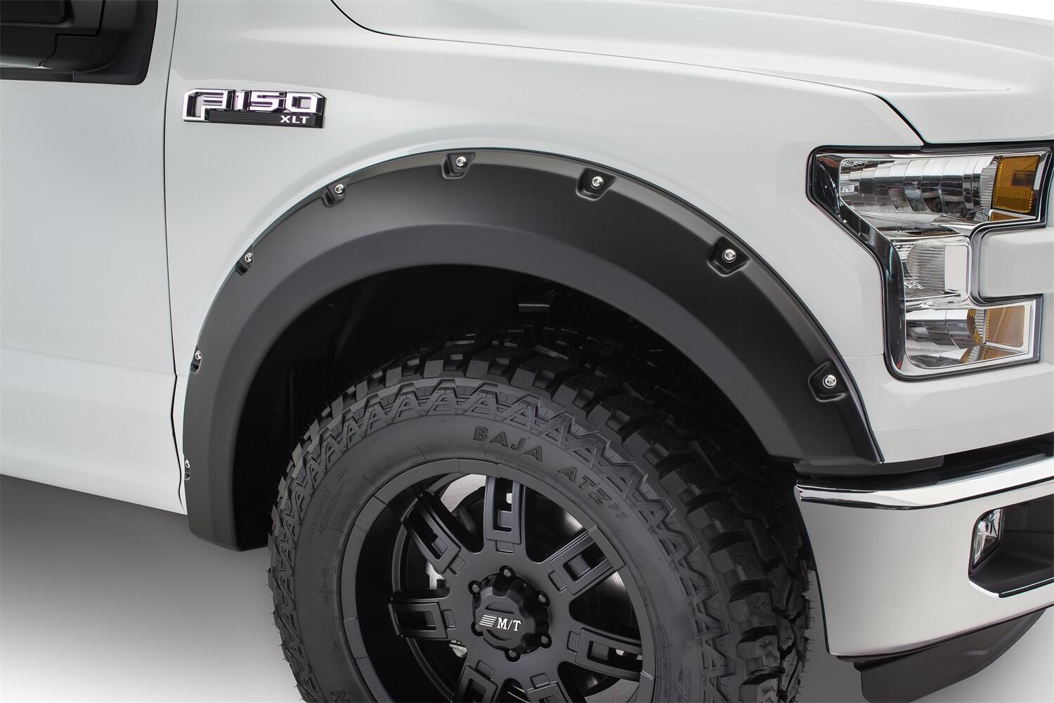 Black Pocket/Rivet Style Smooth Finish 4-Piece Fender Flare Set For 2015-2017 Ford F150 (Excludes Models W/Tech Package) Bushwacker