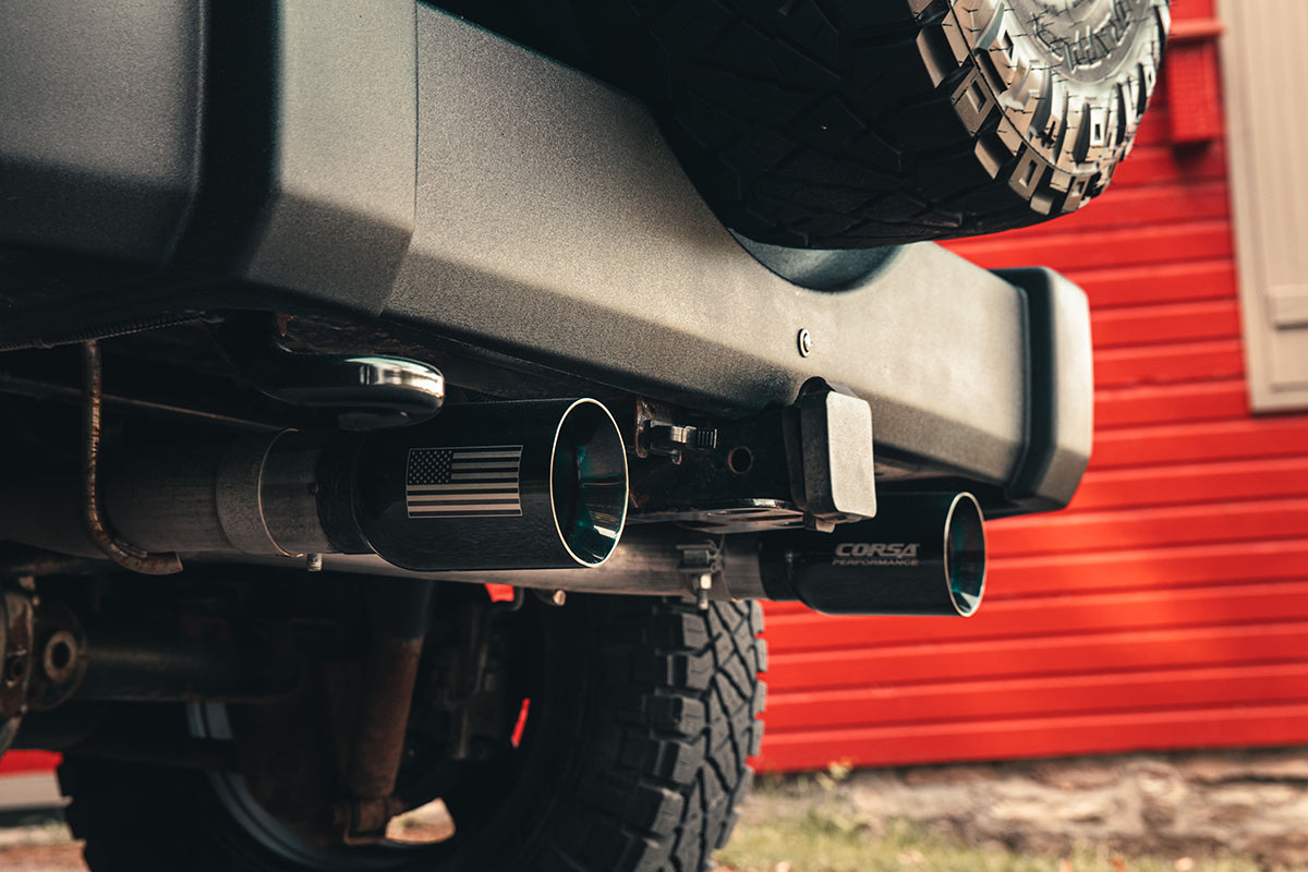 2.75 Inch Cat-Back Dual Rear Exit with Single 4.0 Inch Polished Flat Cut Tips with USA Flag Etch 18-25 Jeep Wrangler JLU 118.4 Inch Wheel Base Corsa Performance