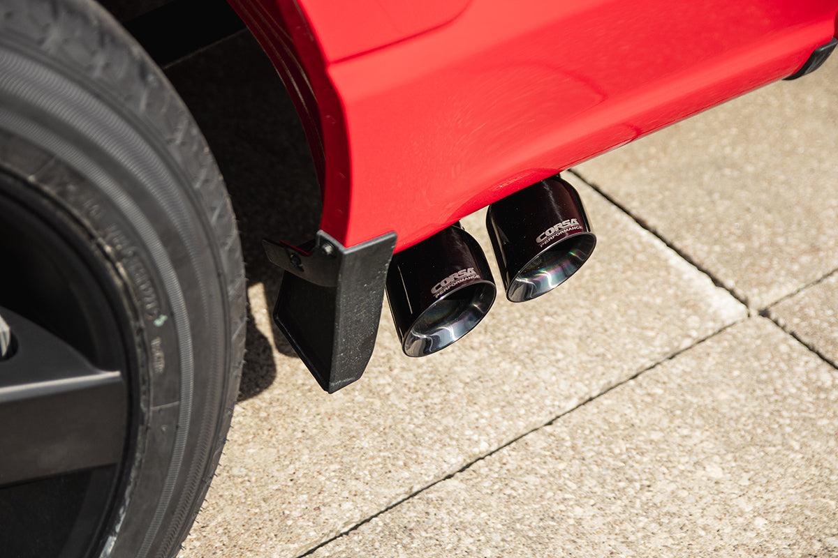 3.0 Inch Front of Tire Exit Catback Exhaust System with Twin 3.5 Inch Pro Series Black Tips Xtreme Sound Level 21-25 Ford F-150 141 Inch Wheel Base Corsa Performance