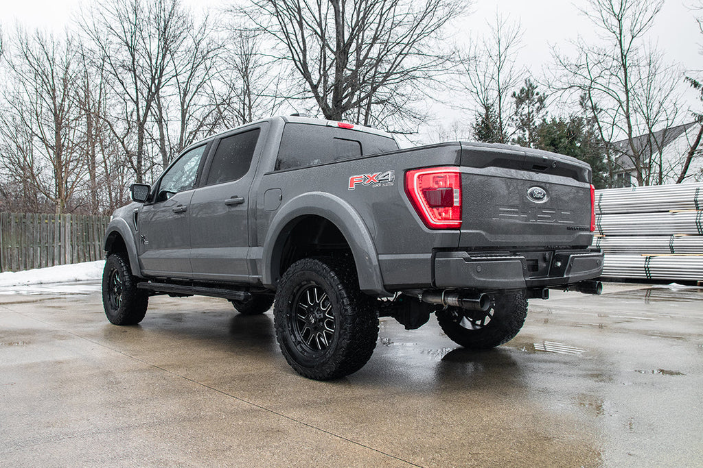 3.0 Inch Dual Rear Exit Catback Exhaust System with Flat Cut 4.0 Inch Dual Wall Tips Sport Sound Level 21-25 Ford F-150 141 Inch Wheel Base Corsa Performance