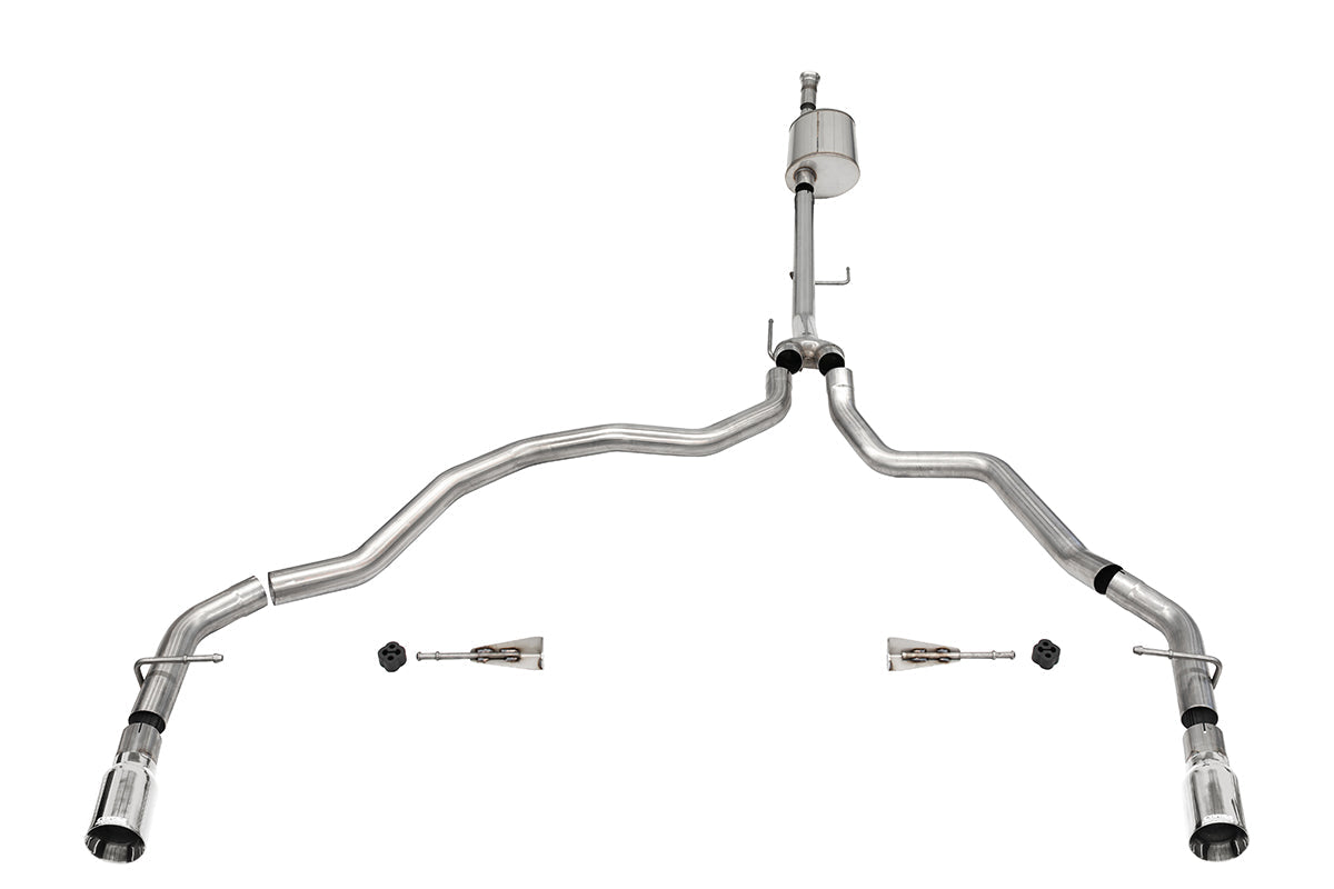3.0 Inch Dual Rear Exit Catback Exhaust System with Flat Cut 4.0 Inch Dual Wall Tips Sport Sound Level 21-25 Ford F-150 145 Inch Wheel Base Corsa Performance