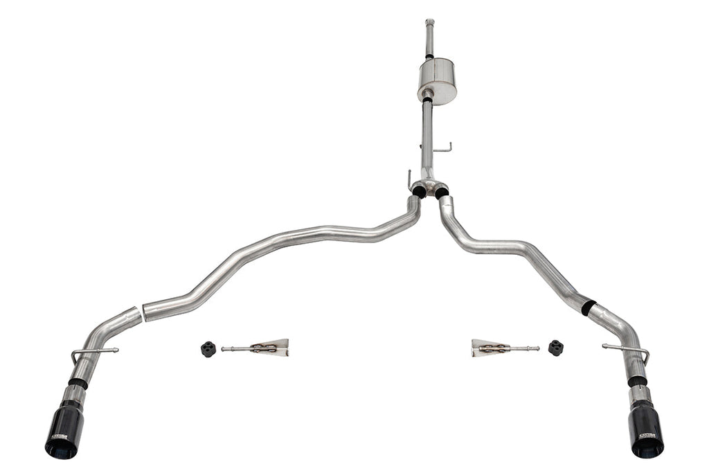 3.0 Inch Dual Rear Exit Catback Exhaust System with Flat Cut 4.0 Inch Dual Wall Black Tips Sport Sound Level 21-25 Ford F-150 157 Inch Wheel Base Corsa Performance