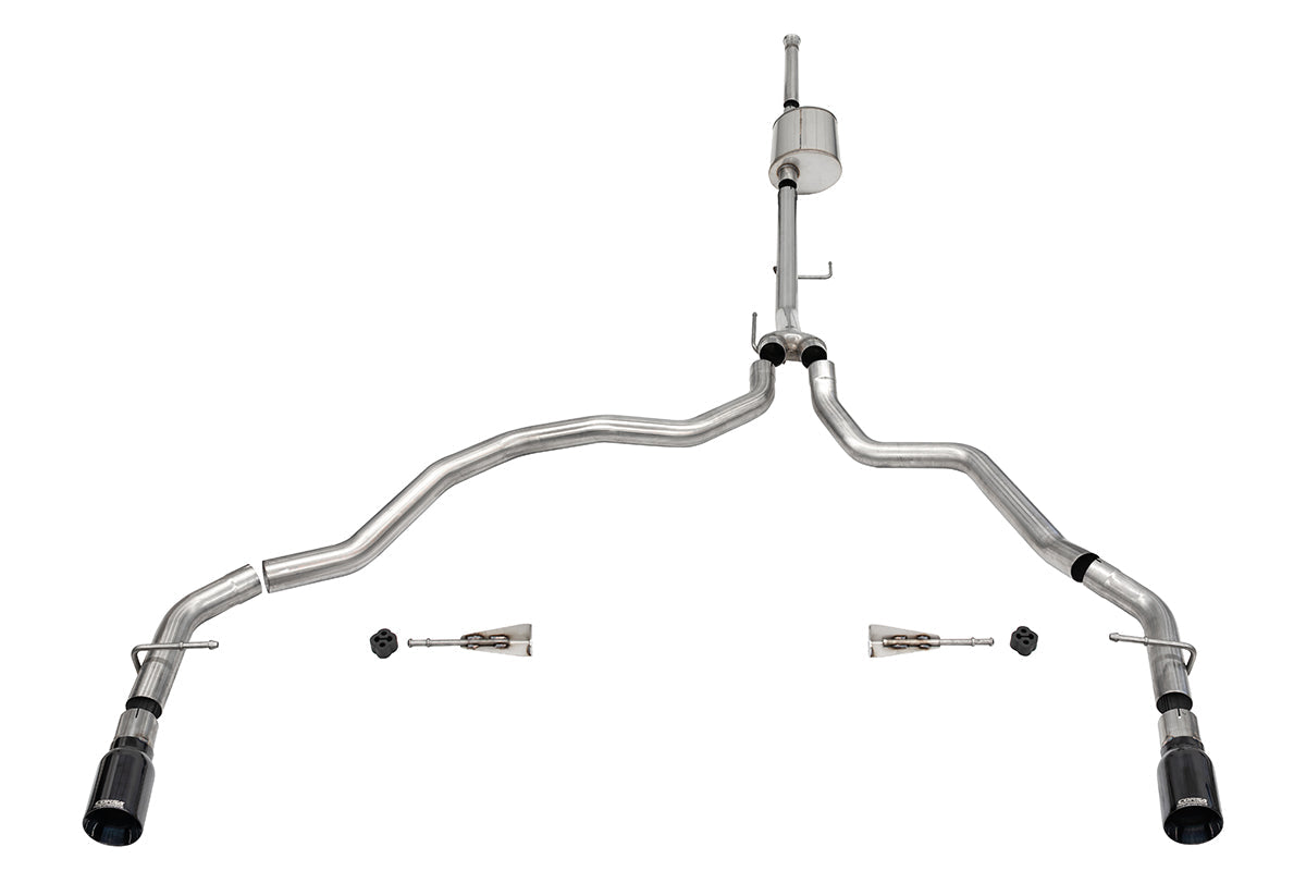 3.0 Inch Dual Rear Exit Catback Exhaust System with Flat Cut 4.0 Inch Dual Wall Black Tips Sport Sound Level 21-25 Ford F-150 157 Inch Wheel Base Corsa Performance