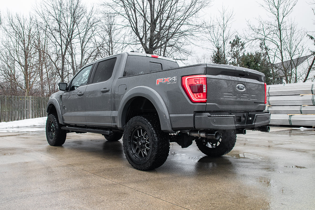 3.0 Inch Dual Rear Exit Catback Exhaust System with Flat Cut 4.0 Inch Dual Wall Black Tips Sport Sound Level 21-25 Ford F-150 157 Inch Wheel Base Corsa Performance