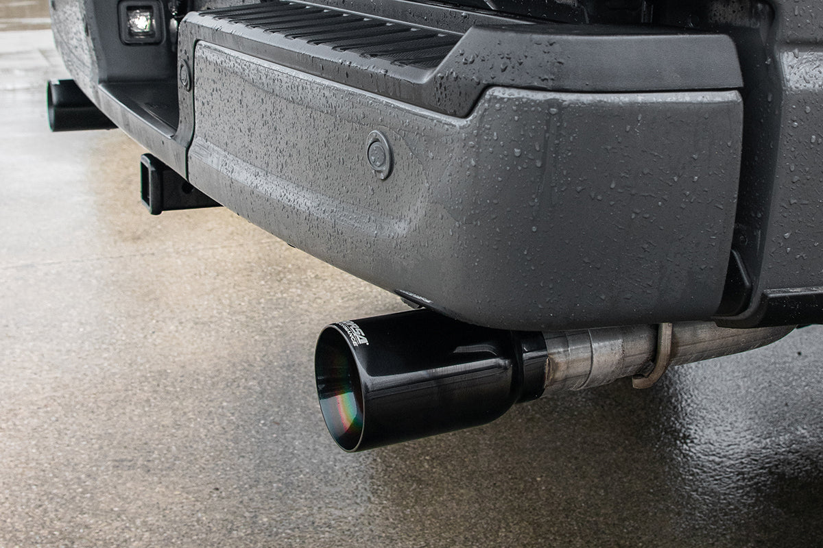 3.0 Inch Dual Rear Exit Catback Exhaust System with Flat Cut 4.0 Inch Dual Wall Black Tips Sport Sound Level 21-25 Ford F-150 157 Inch Wheel Base Corsa Performance