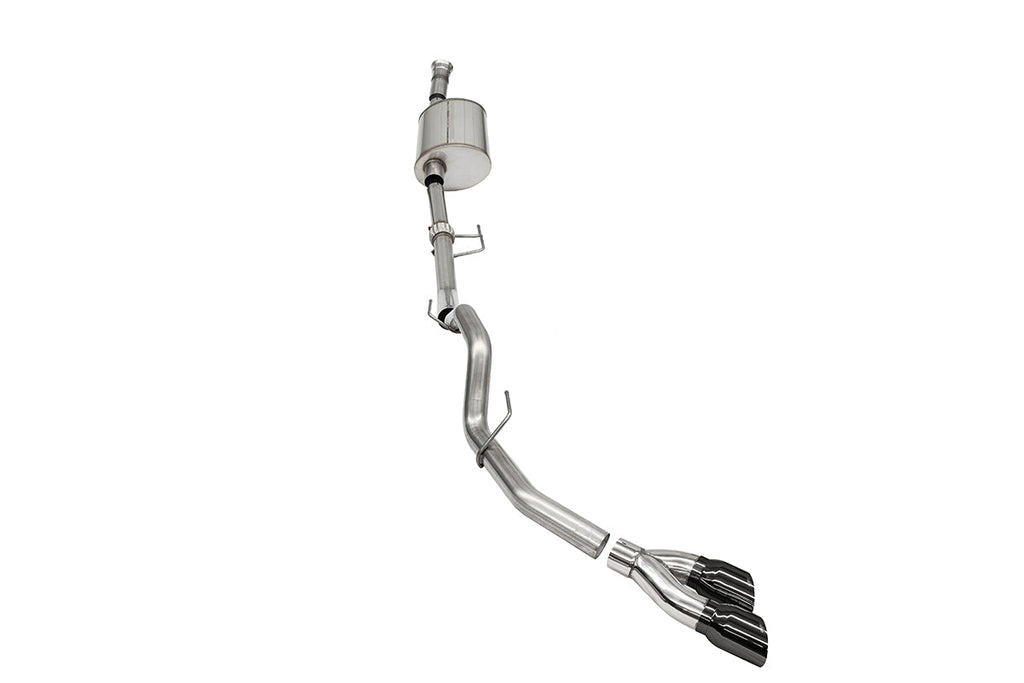 3.0 Inch Single Side Exit Catback Exhaust System with Twin 4.0 Inch Pro Series Black Tips Sport Sound Level 21-25 Ford F-150 EcoBoost 145 Inch Wheel Base Corsa Performance
