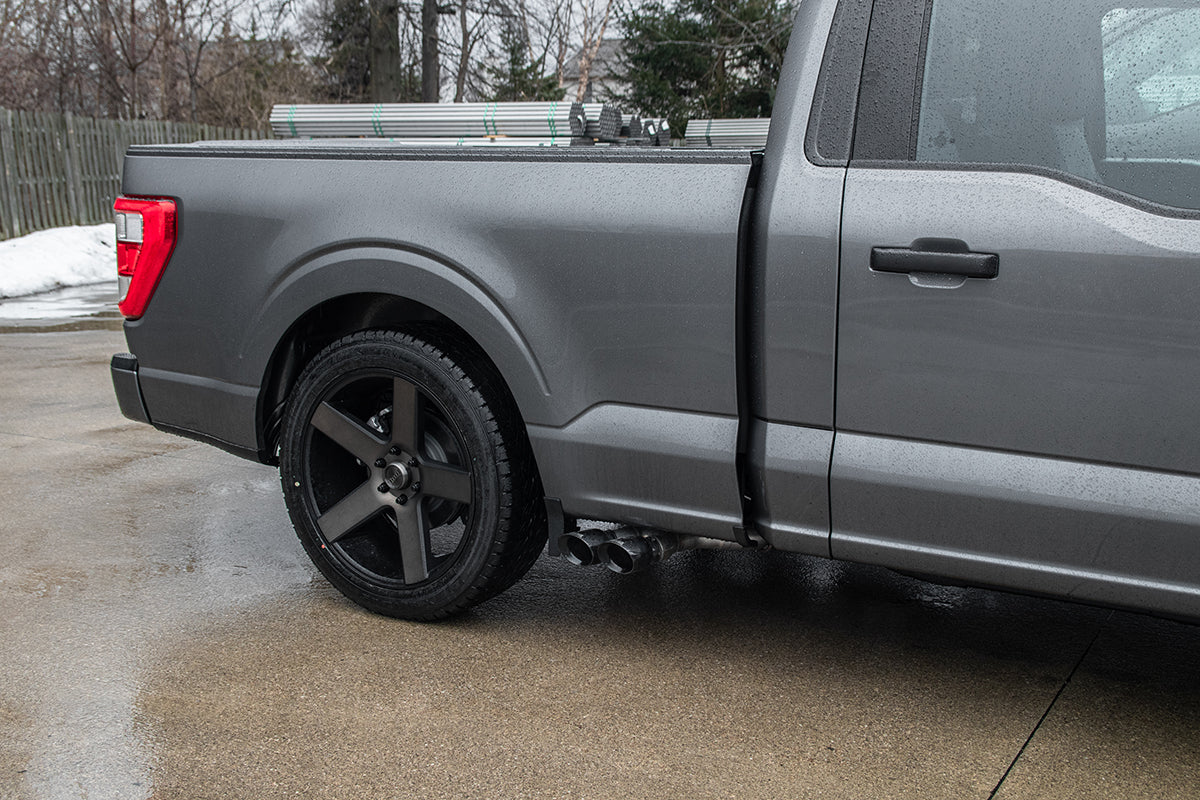 3.0 Inch Front of Tire Exit Catback Exhaust System with Twin 3.5 Inch Pro Series Black Tips 21-25 Ford F-150 EcoBoost 157 Inch Wheel Base Corsa Performance