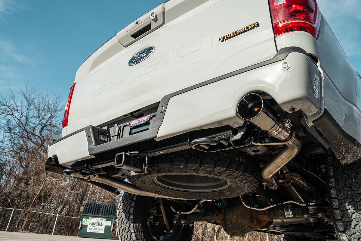 3.0 Inch to 2.75 Inch Dual Rear Exit Cat-back Exhaust System with 4.0 Inch Polished Straight Cut Tips Xtreme Sound Level 22-25 Ford F-150 Tremor 145 Inch Wheel Base Corsa Performance