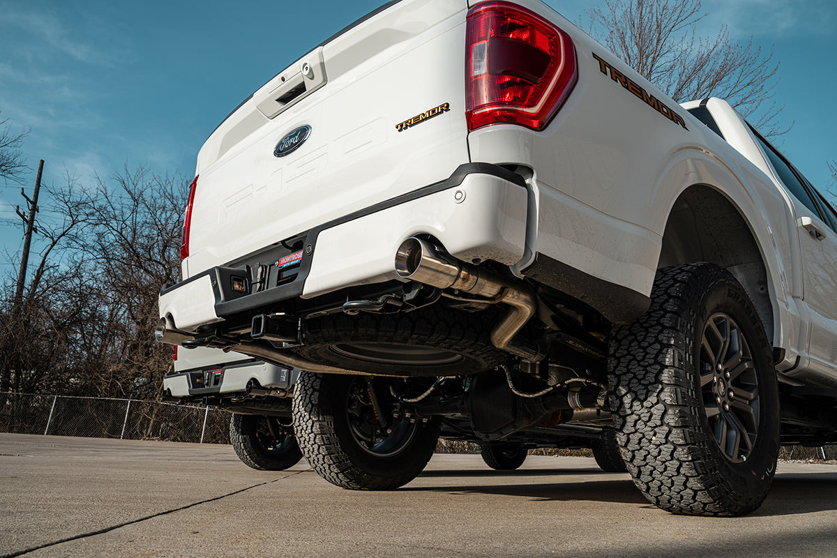 3.0 Inch to 2.75 Inch Dual Rear Exit Cat-back Exhaust System with 4.0 Inch Polished Straight Cut Tips Xtreme Sound Level 22-25 Ford F-150 Tremor 145 Inch Wheel Base Corsa Performance