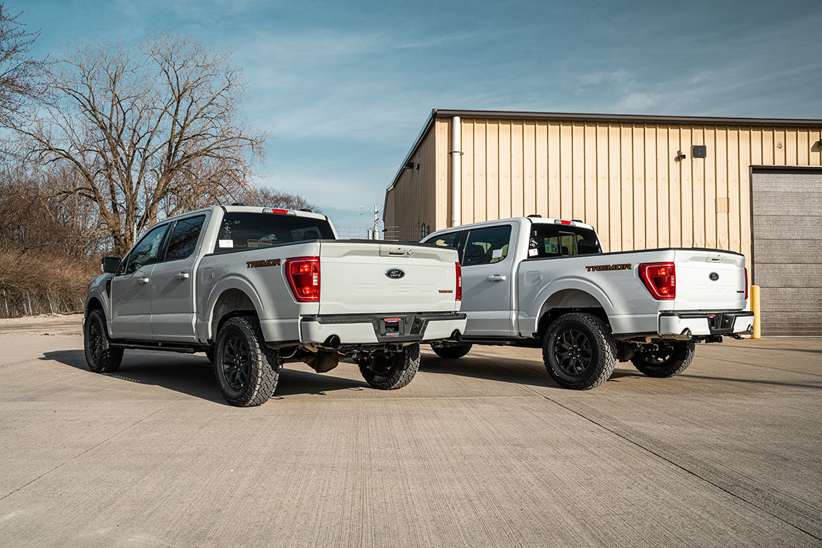 3.0 Inch to 2.75 Inch Dual Rear Exit Cat-back Exhaust System with 4.0 Inch Black PVD Straight Cut Tips 21-25 Ford F-150 Tremor 145 Inch Wheel Base Corsa Performance