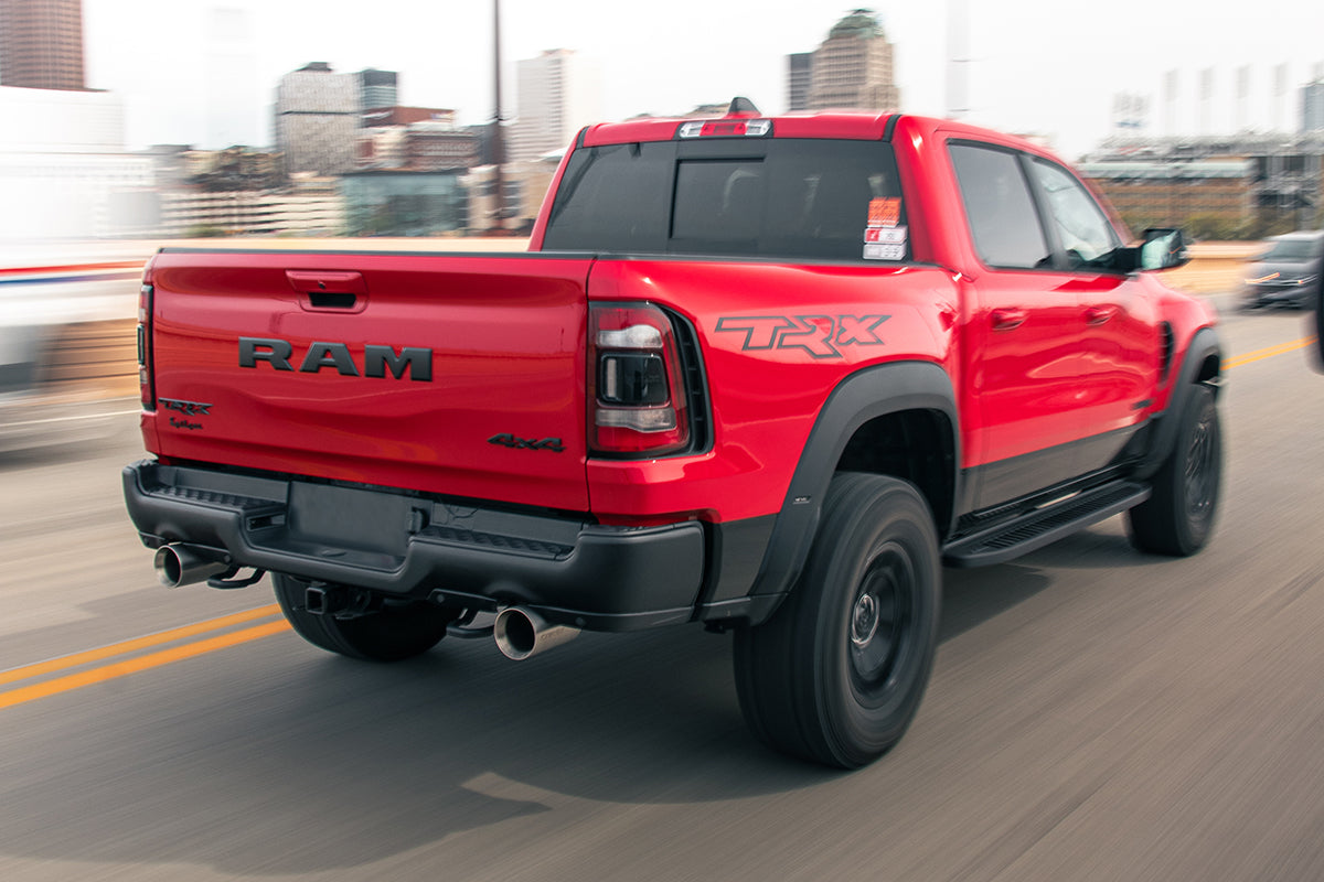 3.0 Inch True Dual Catback Exhaust System with Dual Rear Exit and Flat Cut 5.0 Inch Gunmetal PVD Tips 21-24 Dodge RAM TRX 144.6 Inch Wheel Base Corsa Performance