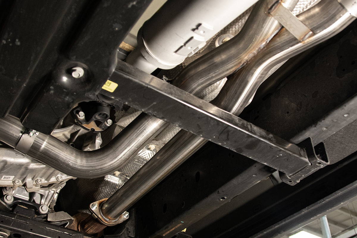 3.0 Inch Dual Rear Exit Catback Exhaust System with Flat Cut 5.0 Inch Dual Wall Black Powder Coat Tips 21-24 Dodge RAM TRX 144.6 Inch Wheel Base Corsa Performance