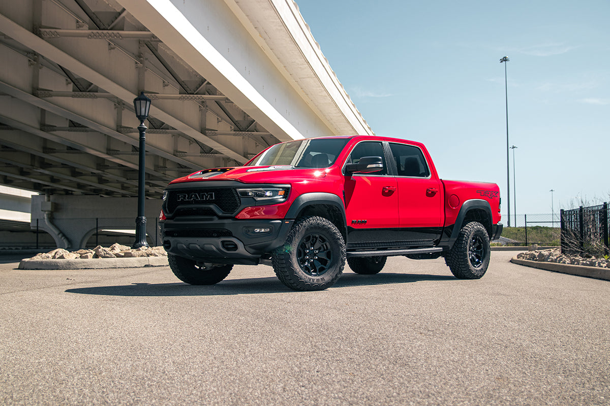 3.0 Inch Dual Rear Exit Catback Exhaust System with Flat Cut 5.0 Inch Dual Wall Gunmetal Tips 21-24 Dodge RAM TRX 144.6 Inch Wheel Base Corsa Performance