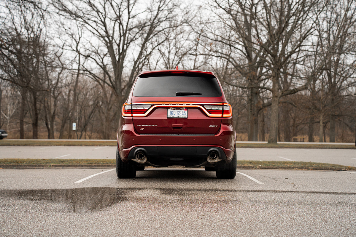 2.75 Inch Dual Rear Exit Cat-Back Exhaust System with Single 4.5 Inch Black PVD Pro Series Tips Sport Sound Level 18-24 Dodge Durango SRT 392 Corsa Performance