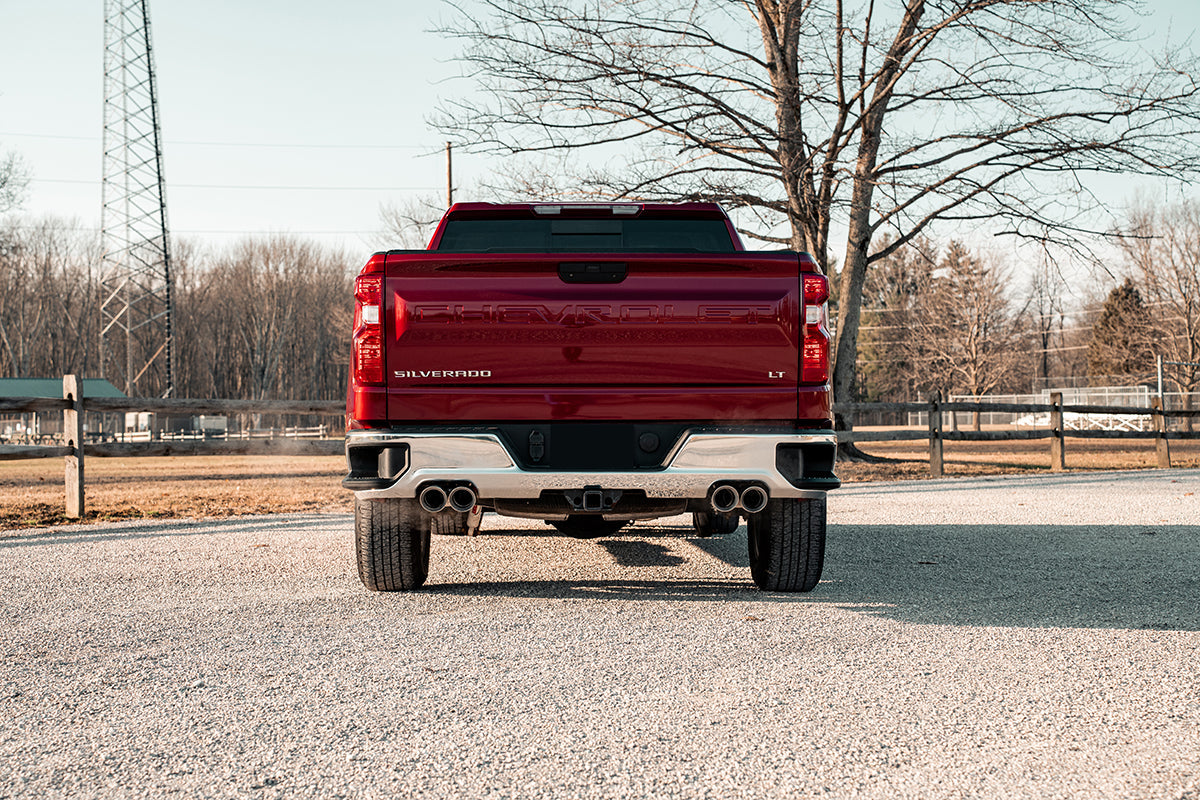 3.0 Inch - 2.5 Inch Cat-Back Dual Rear Exit Exhaust System with Twin 4.0 Inch Black Powder Coat Pro-Series Tips 19-24 Chevrolet Silverado/GMC Sierra 1500 5.3L 147.5 Inch Wheel Base Corsa Performance