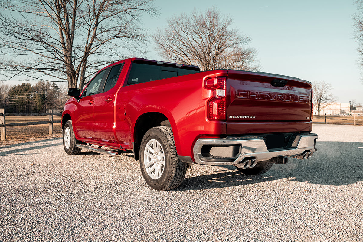 3.0 Inch-2.5 Inch Cat-Back Dual Rear Exit Exhaust System with Twin 4.0 Inch Polished Pro-Series Tips 19-24 Chevrolet Silverado/GMC Sierra 1500 147.5 Inch Wheel Base Corsa Performance
