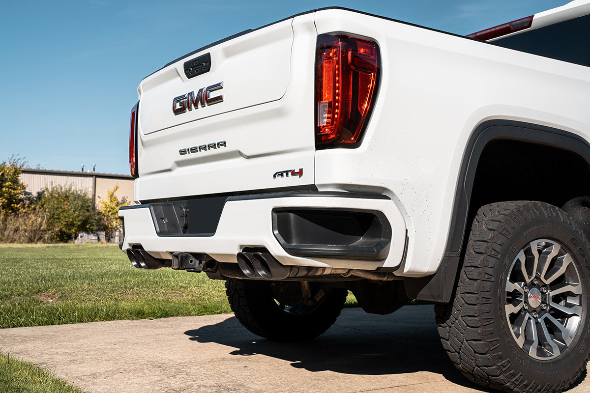 3.0 Inch-2.5 Inch Cat-Back Dual Rear Exit Exhaust System with Twin 4.0 Inch Polished Pro-Series Tips 19-23 Chevrolet Silverado/GMC Sierra 1500 157 Inch Wheel Base Corsa Performance