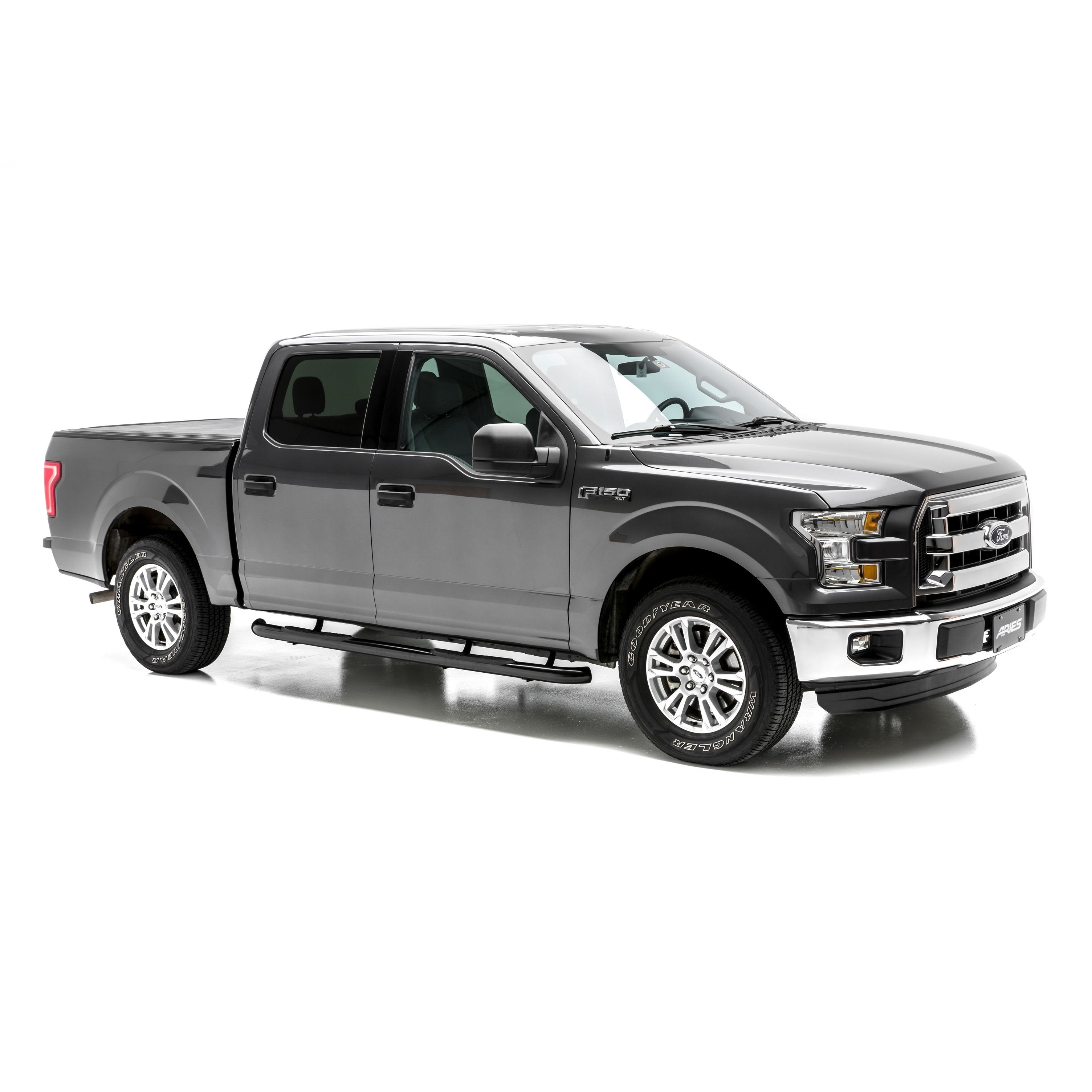 ARIES 3" Round Black Stainless Side Bars, 2015-2026 Ford F-150, 2017-2026 Ford F-250/F-350/F-450/F-550 Super Duty, 2022-2025 Ford F-150 Lightning