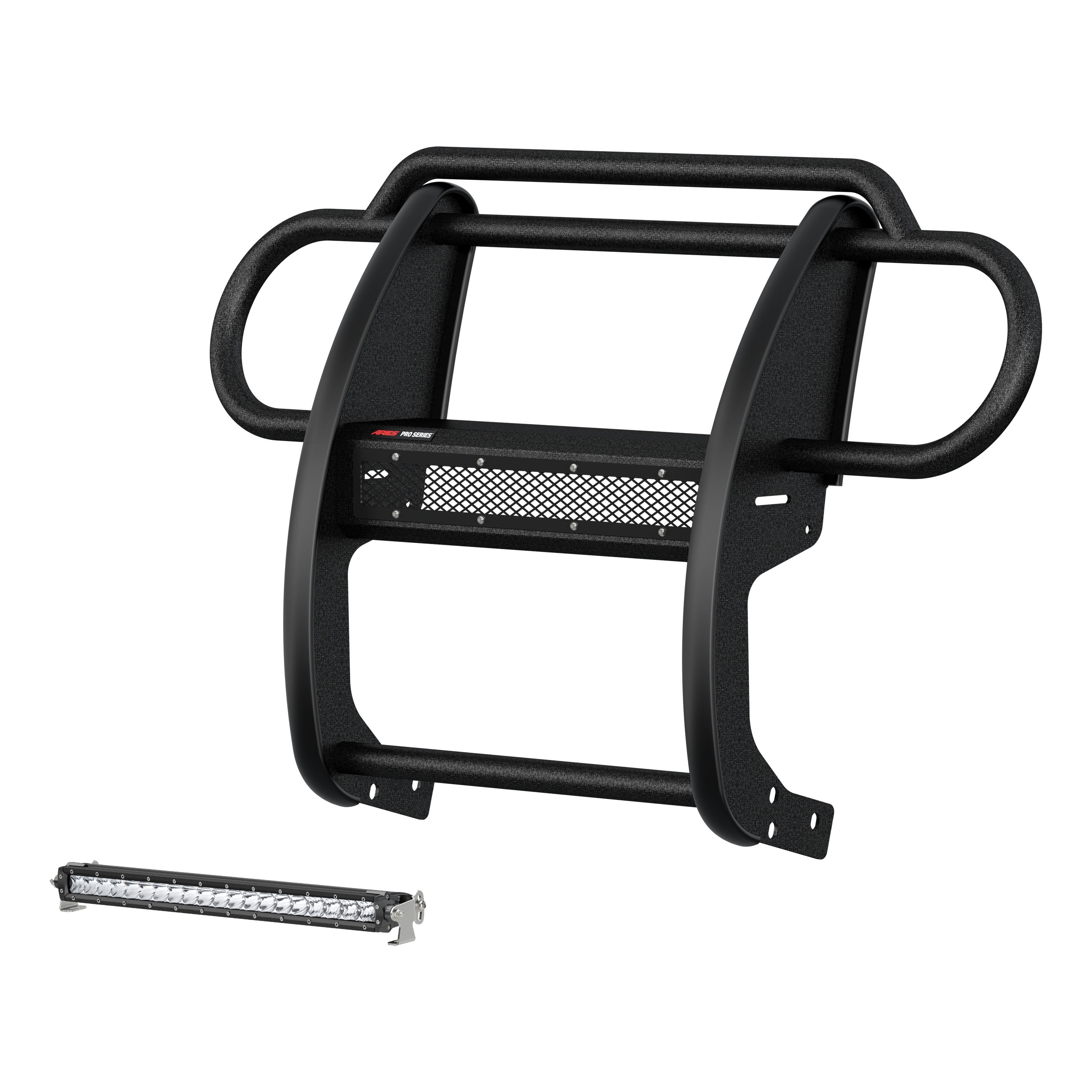 ARIES Pro Series Black Steel Grille Guard with Light Bar, 2018-2026 Jeep Wrangler, 2020-2026 Jeep Gladiator