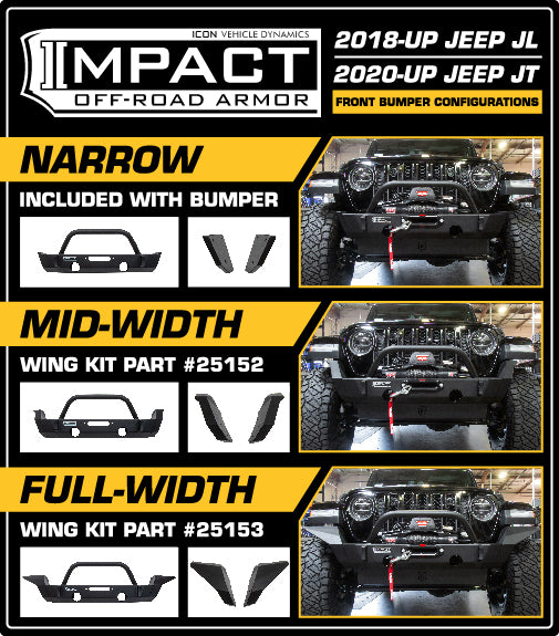 18-Up Jeep Wrangler JL / 20-Up Gladiator JT Front Impact Mid Width Wings ICON Impact Series Offroad Armor