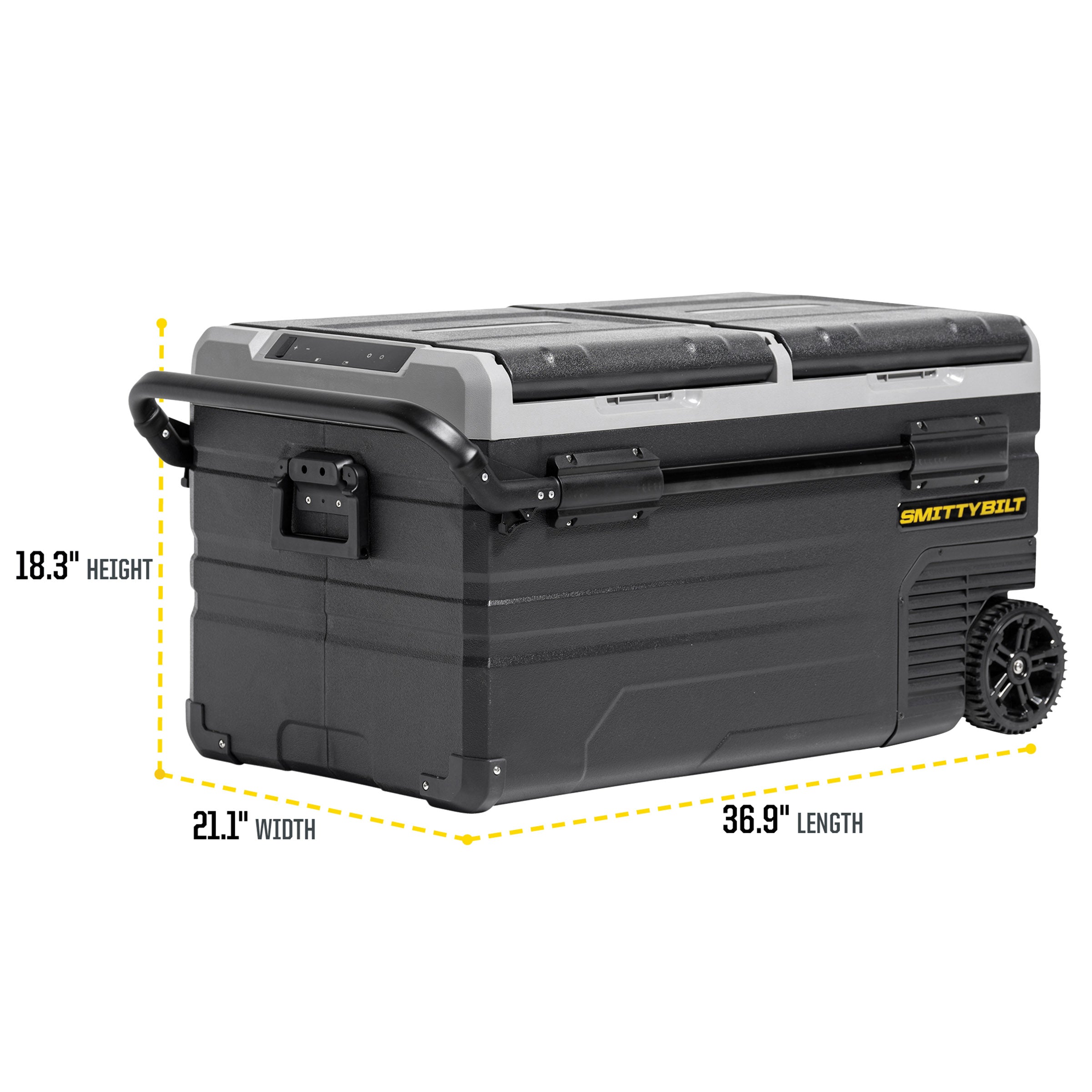Basecamp 75L Fridge/Freezer Dual Zone Fridge Outside Dimensions 36.9 inch Long x 18.3 Inch Tall x 21.1 Inch Wide Smittybilt