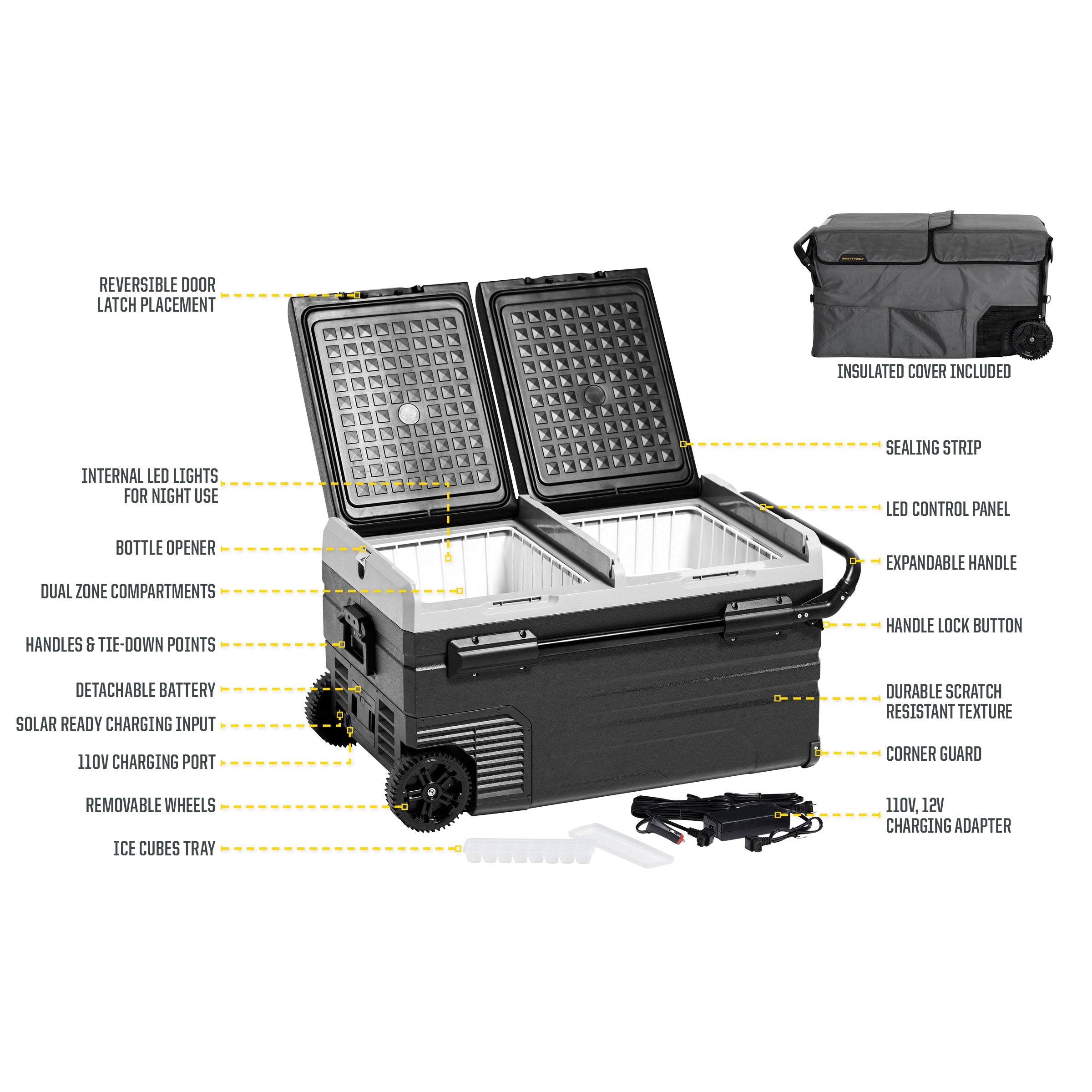 Basecamp 75L Fridge/Freezer Dual Zone Fridge Outside Dimensions 36.9 inch Long x 18.3 Inch Tall x 21.1 Inch Wide Smittybilt