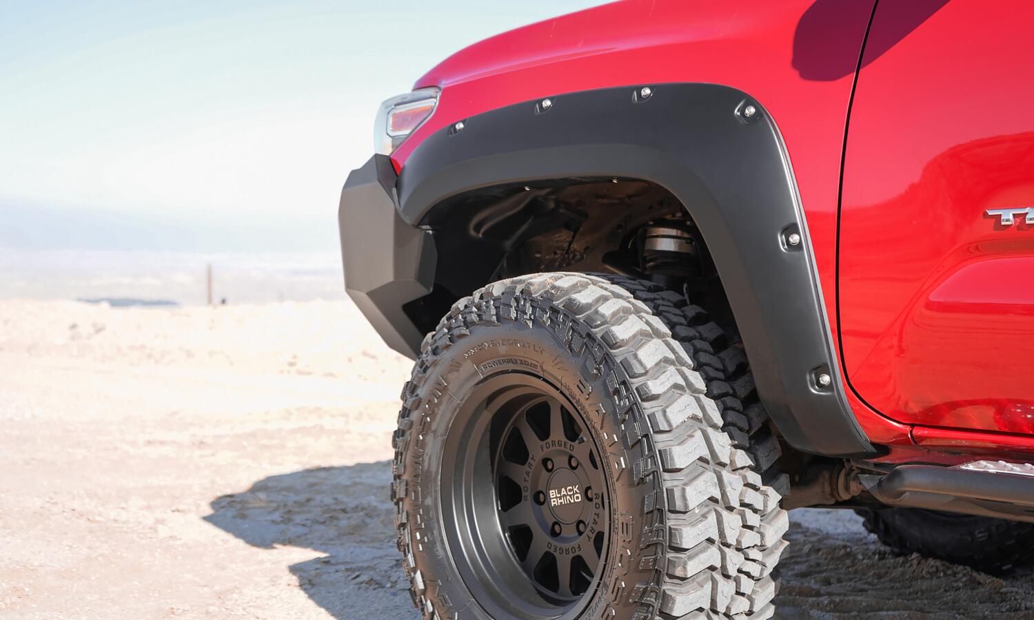 Black Pocket/Rivet Style Smooth Finish Front Fender Flares For 2016-2022 Toyota Tacoma Bushwacker