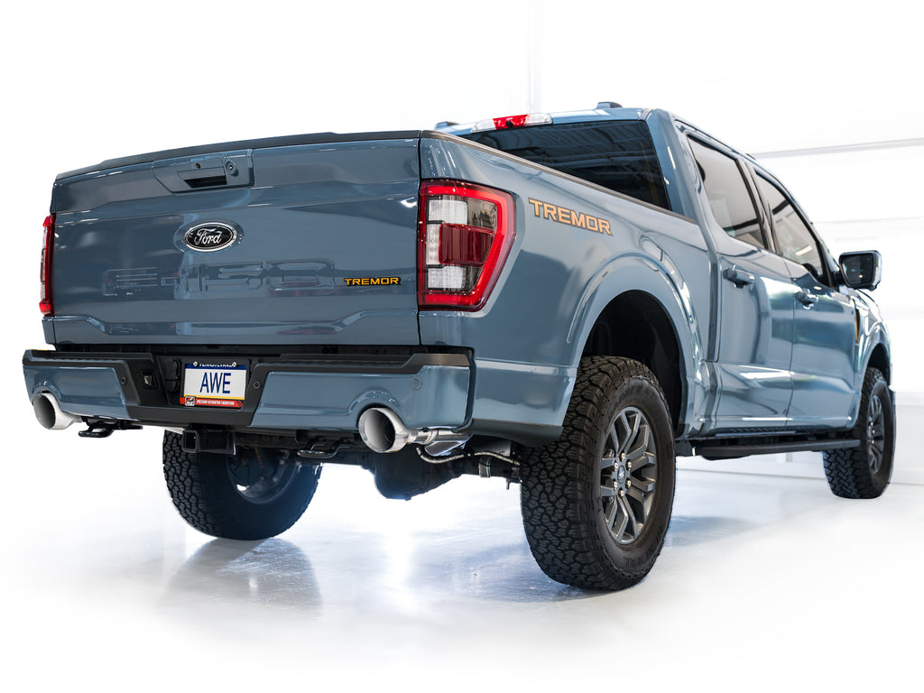 AWE 0FG Resonated Catback for '21+ Ford F-150 Tremor (With Bumper Cutouts) - Chrome Silver Tips