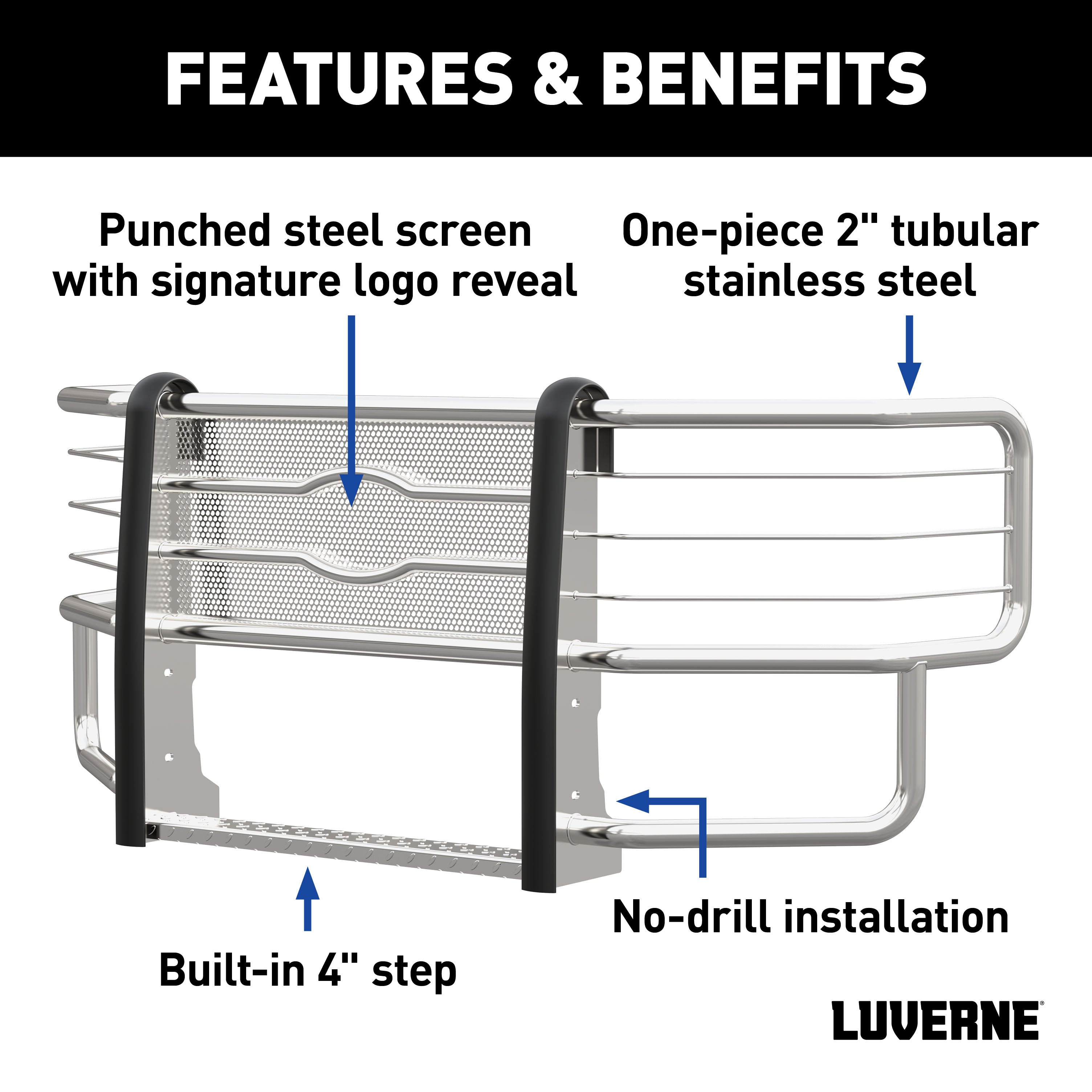 LUVERNE Prowler Max Polished Stainless Grille Guard (No Brackets), 2011-2016 Ford F-250/F-350/F-450 Super Duty