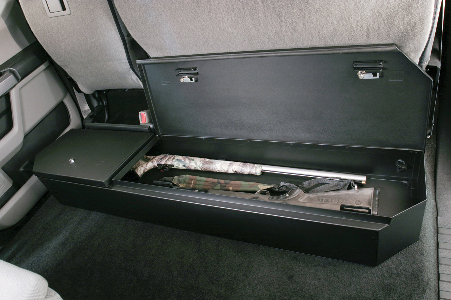 Rear Underseat Lockbox 15-22 F-150 17-22 F-250/350/450 Super Duty w/ Crew Cab w/o Floor Mounted Subwoofer Full Length Black Tuffy Security Products
