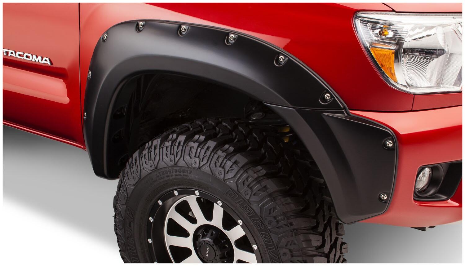 Black Pocket/Rivet Style Smooth Finish 4-Piece Fender Flare Set For 2012-2015 Toyota Tacoma W/73.5 Inch Bed Bushwacker