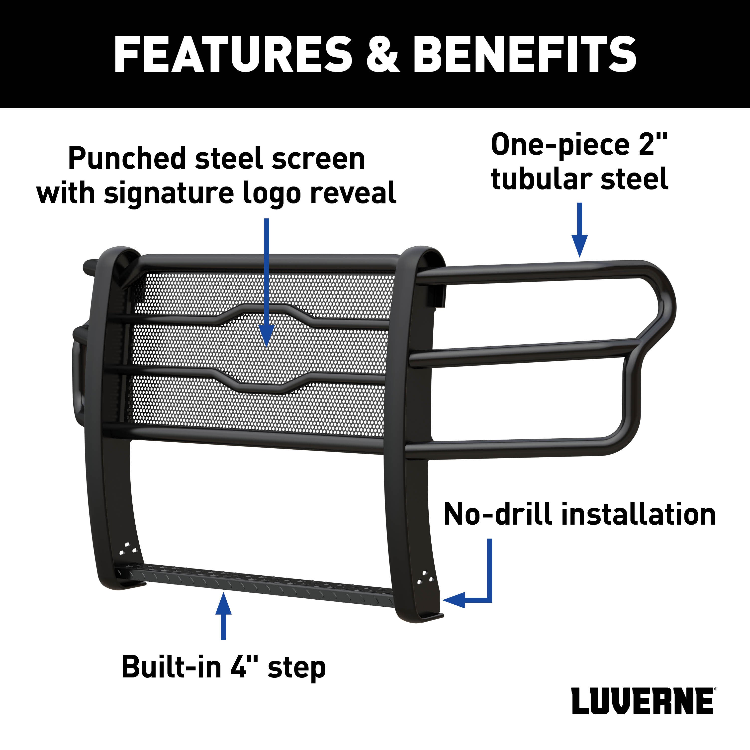 LUVERNE Prowler Max Black Steel Grille Guard, 2020-2023 Chevy/GMC Silverado/Sierra 2500HD, 2020-2023 Chevy/GMC Silverado/Sierra 3500HD