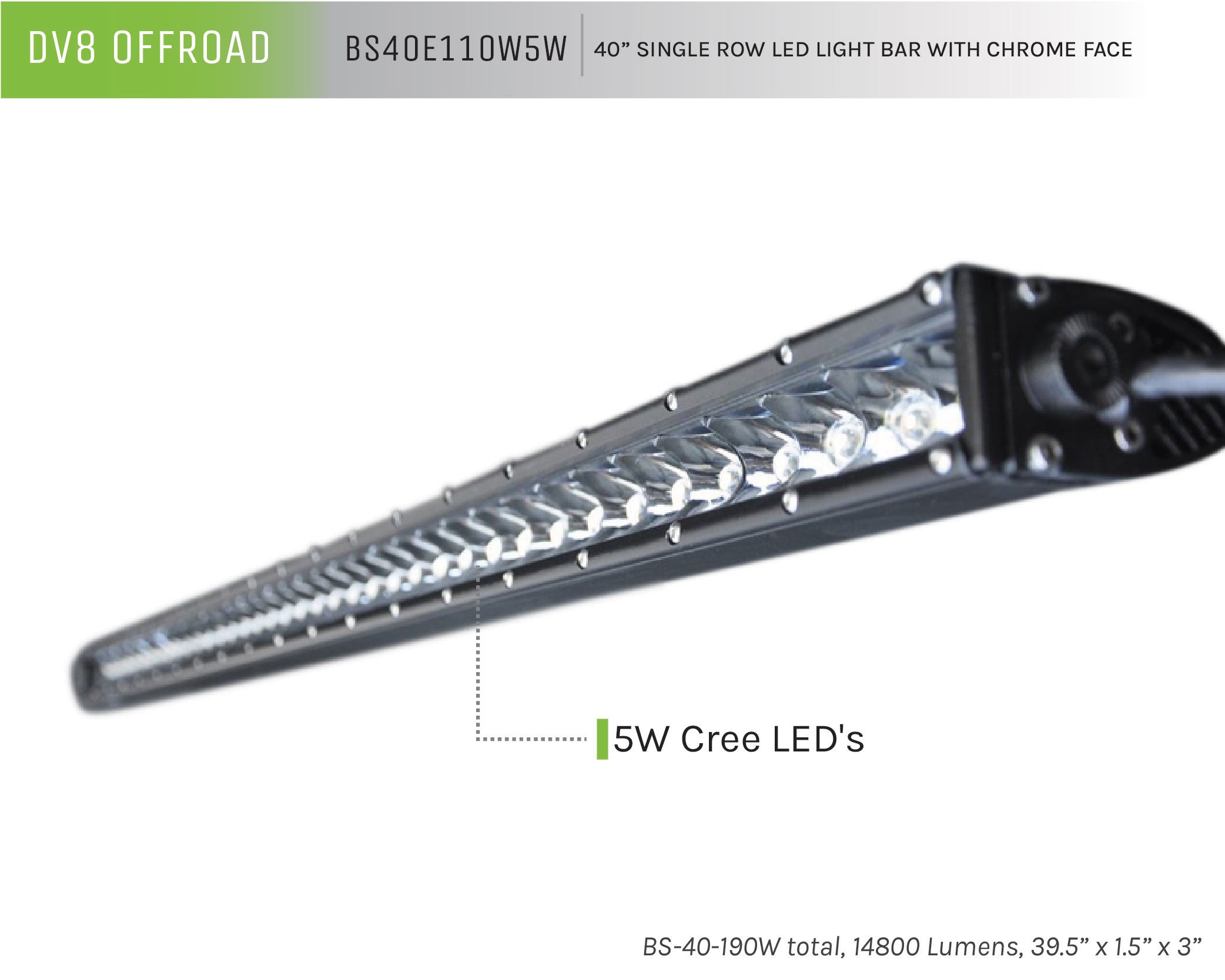40 in. Single Row LED Light Bar; Chrome Face - Apollo Off-Road