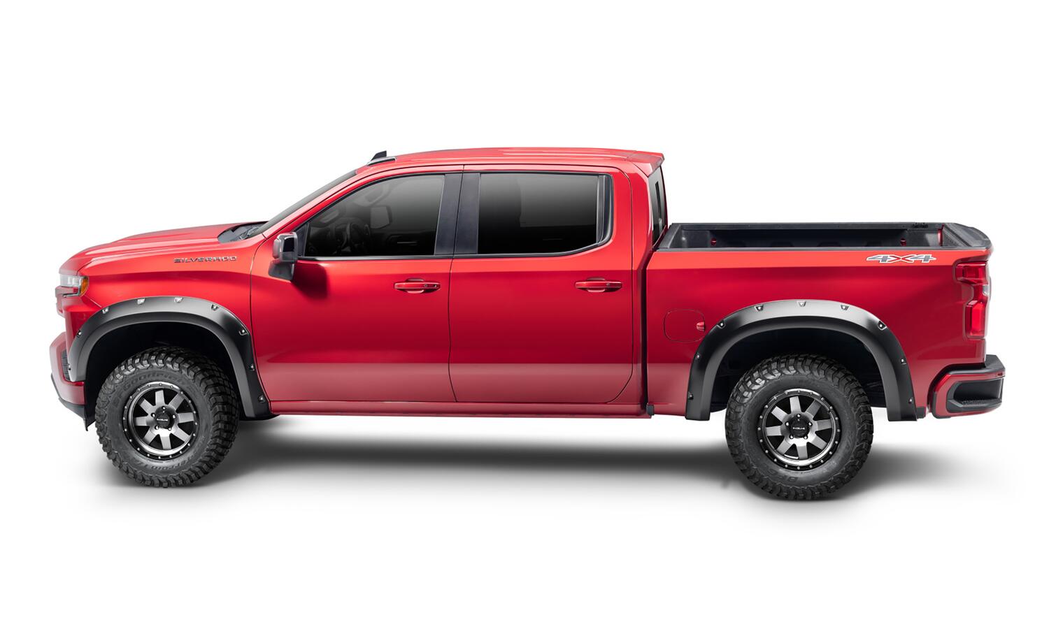 Black Pocket/Rivet Style Smooth Finish 4-Piece Fender Flare Set For 19-26 Chevrolet Silverado 1500 2022 Chevrolet Silverado 1500 Ltd Bushwacker