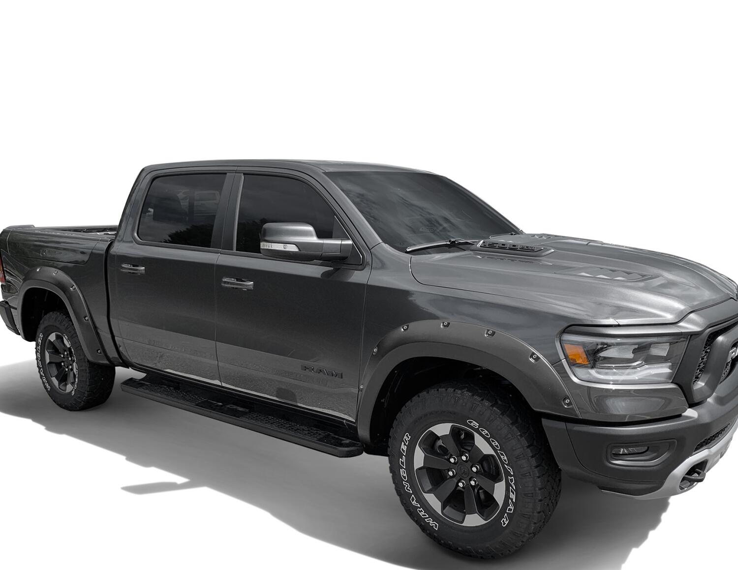 Black Pocket/Rivet Style Smooth Finish Front Fender Flares For 2019-2022 Ram 1500 Rebel Bushwacker