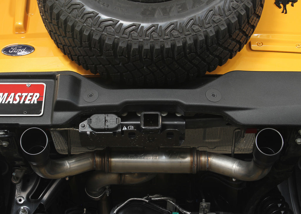 Flow Fx Cat-Back Exhaust System Fits 2021-2025 Ford Bronco 2.3/2.7-Liter, Flow Fx Cat-Back 3.00-Inch Stainless Steel Exhaust System, 4.00-Inch Black Ceramic-Coated Tips, Dual Out Rear Exit, 2 Door Models Flowmaster