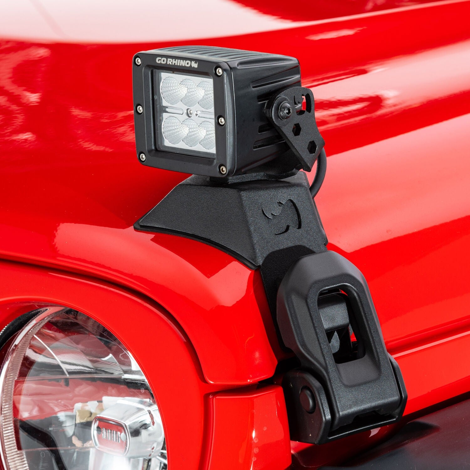 XE Hood Latch Light Mount Textured Black 2018-2026 Jeep Wrangler JL 2020-2025 Jeep Gladiator Go Rhino