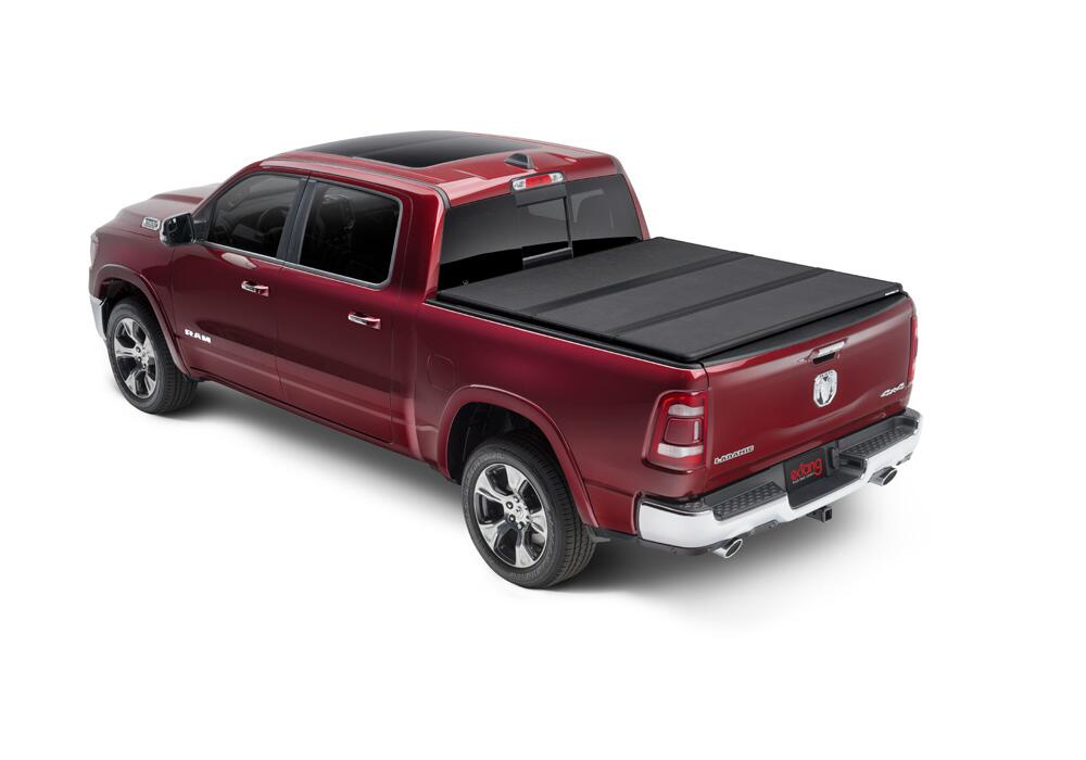 Solid Fold 2.0 Tonneau Cover Black Textured Paint 2019-2025 (New Body Style) Ram 5' 7 inch Bed with RamBox with or without Multifunction Tailgate Extang
