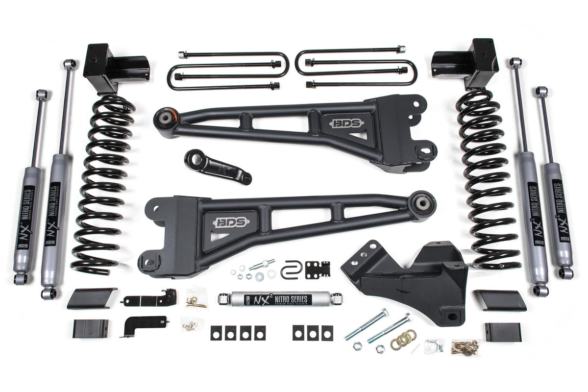 4 Inch Lift Kit w/ Radius Arm Ford F250/F350 Super Duty 17-19 4WD Diesel 5 Inch block 2 Leaf Main - NX2 Nitro Shocks